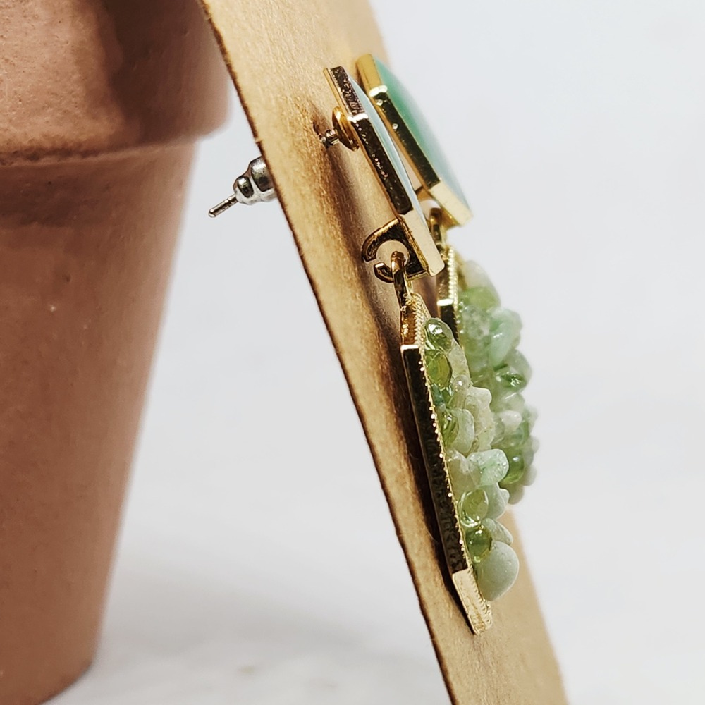 Green Geometric Stone Chip Drop Earrings Gold Tone‎ Hexagon Statement Jewelry - Picture 2 of 8